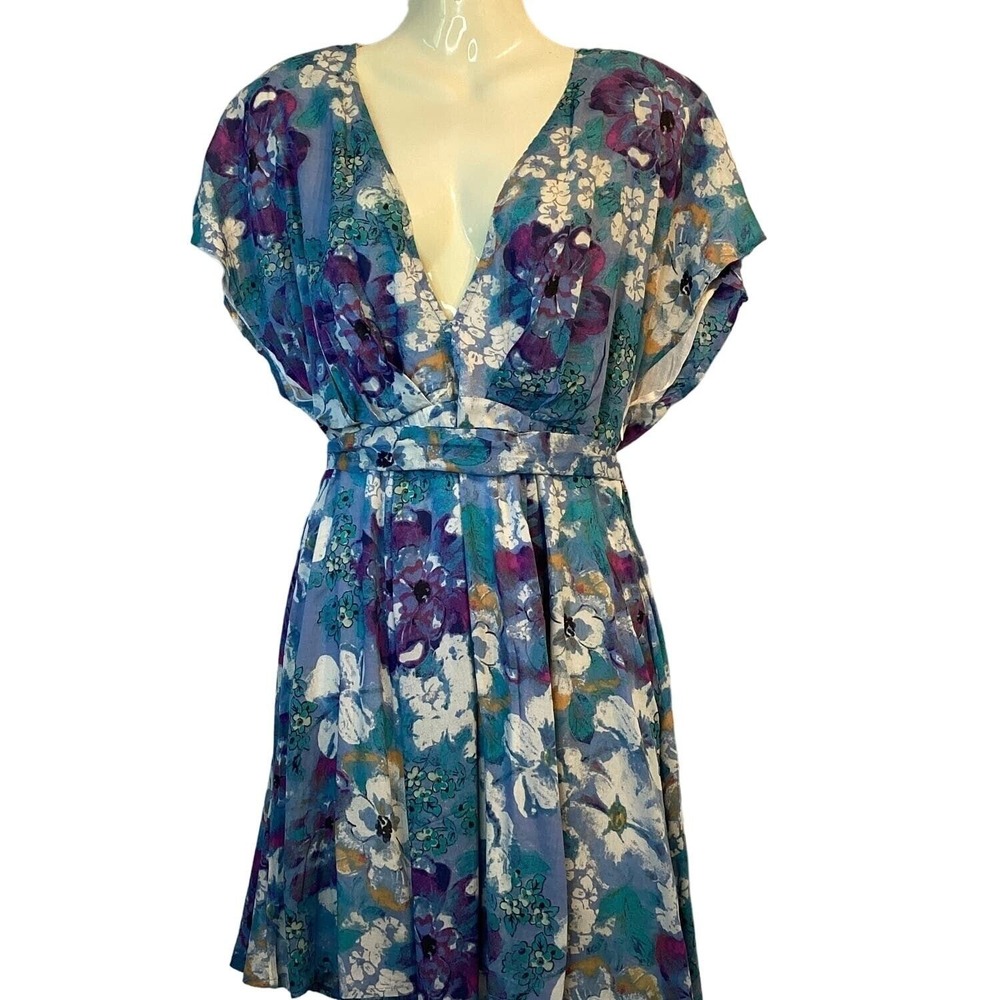 Free People Floral Mini Dress Womens Small Blue Purple Good Boho V-Neck Tie Back - Picture 13 of 13